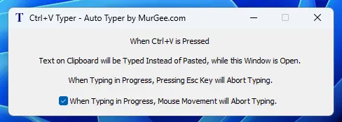 Ctrl+V Typer to Automate Text Typing with Clipboard Text Screenshot displaying Ctrl+V Typer to Simulate Text Typing when Clipboard Contains Text and Ctrl+V is Pressed